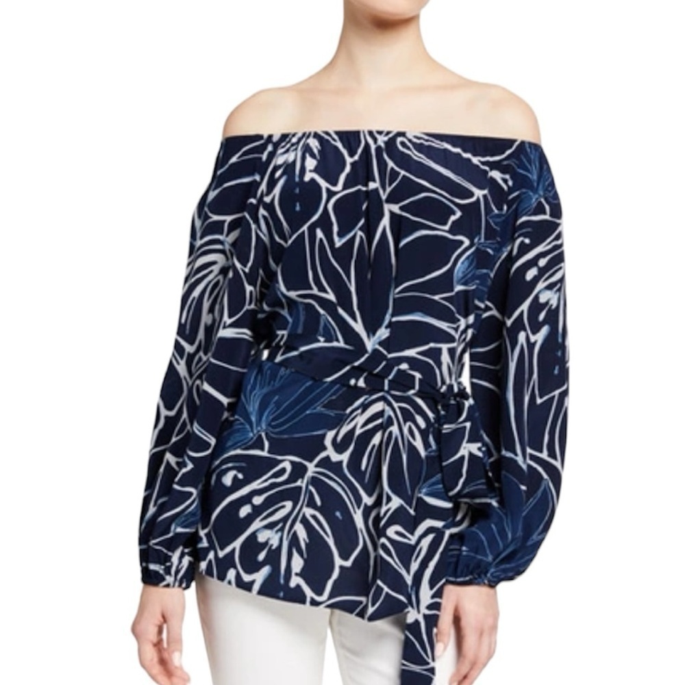 Lafayette 148 New York Carson 100% Silk Blouse Navy Blue Size Large